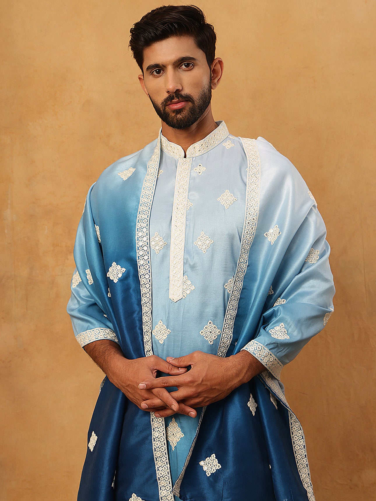 Embroidered Silk Blend Kurta with Dupatta ( HOPKO D 023Peacock )