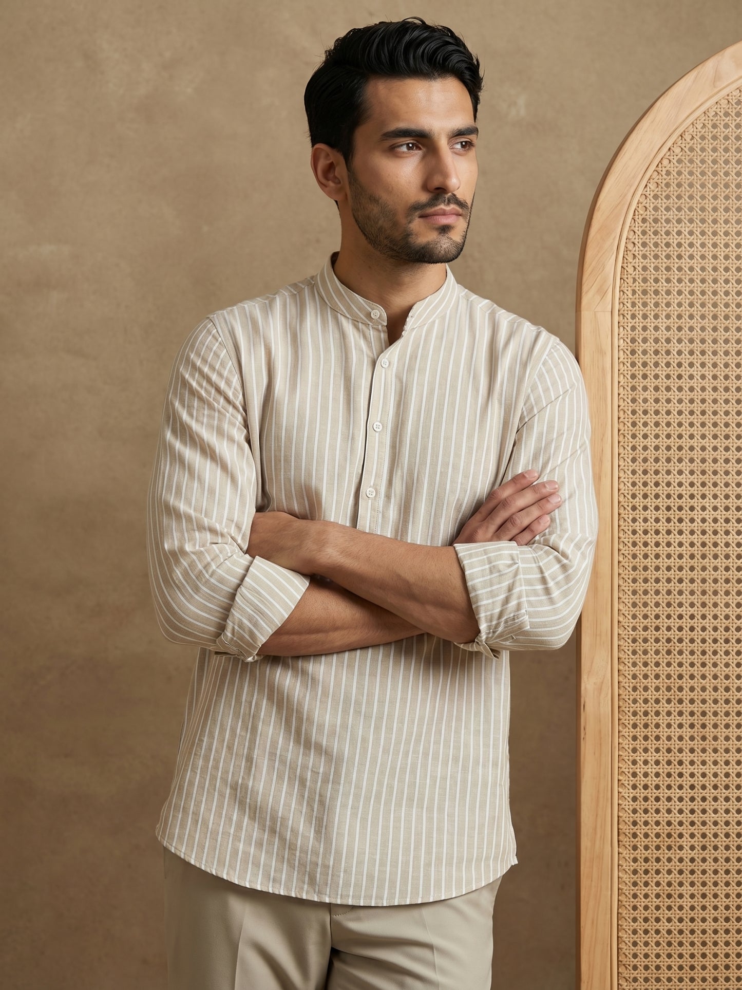 Men’s Beige Striped Short Kurta ( HOPSK 5394Beige )