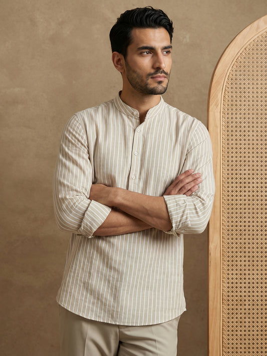 Men’s Beige Striped Short Kurta ( HOPSK 5394Beige )