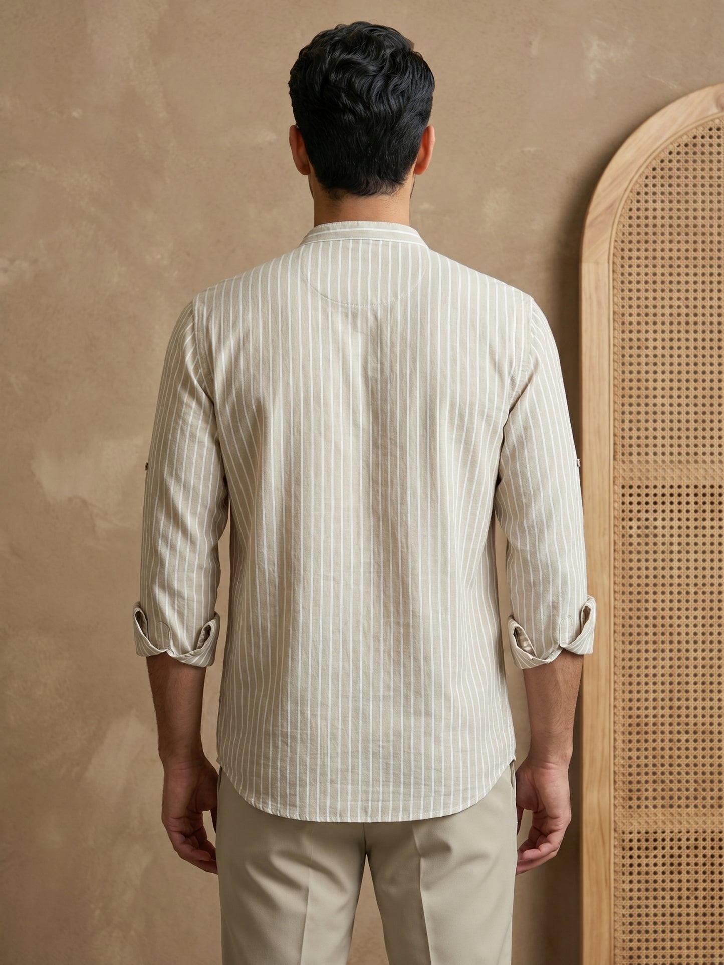 Men’s Beige Striped Short Kurta ( HOPSK 5394Beige )