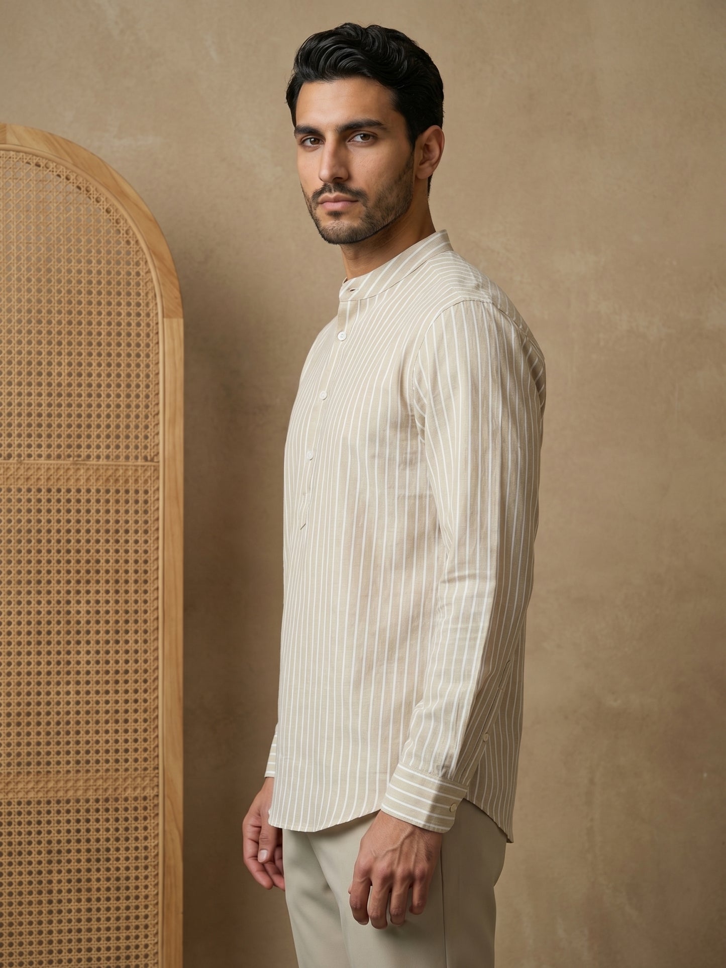 Men’s Beige Striped Short Kurta ( HOPSK 5394Beige )