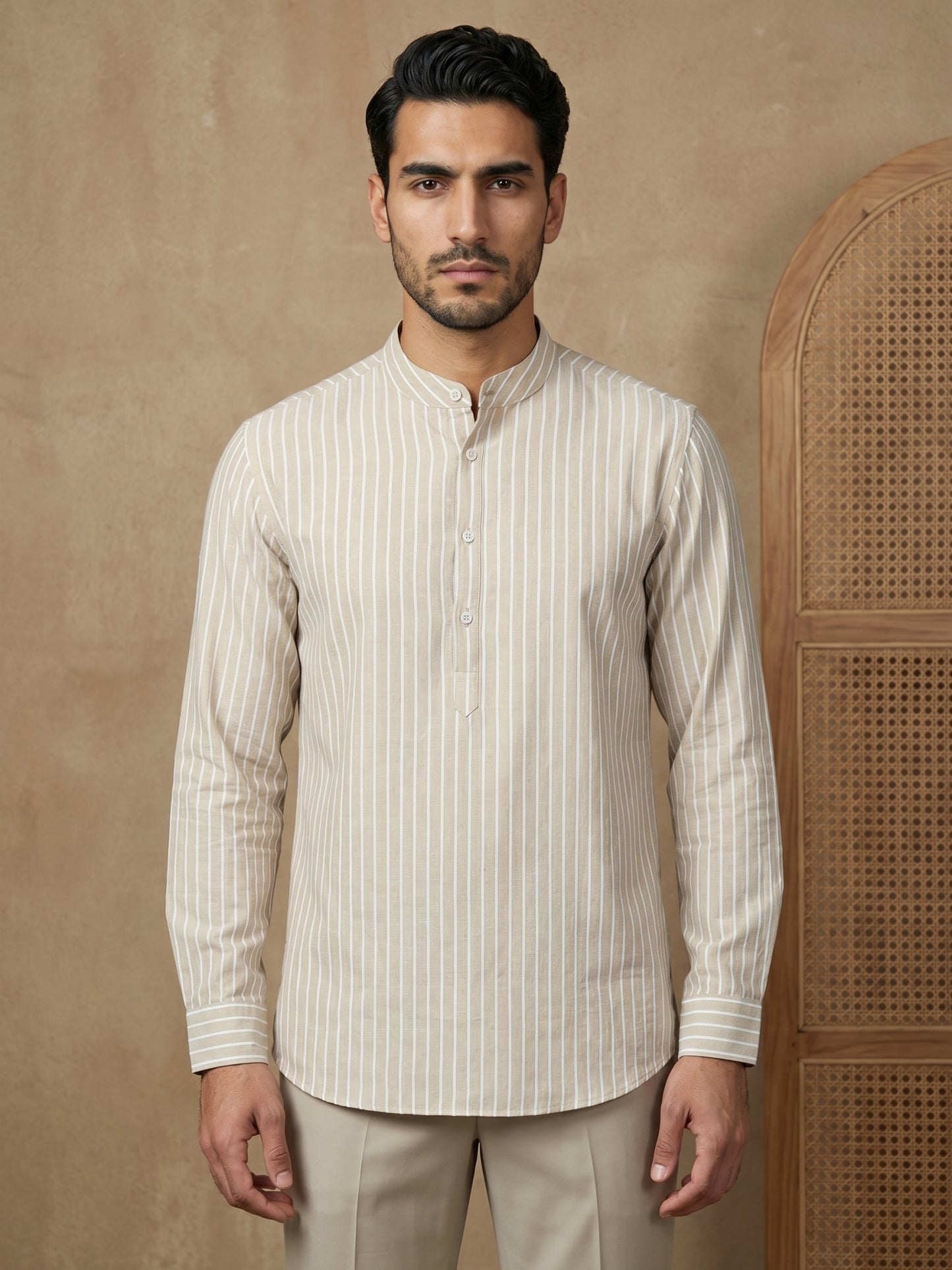 Men’s Beige Striped Short Kurta ( HOPSK 5394Beige )