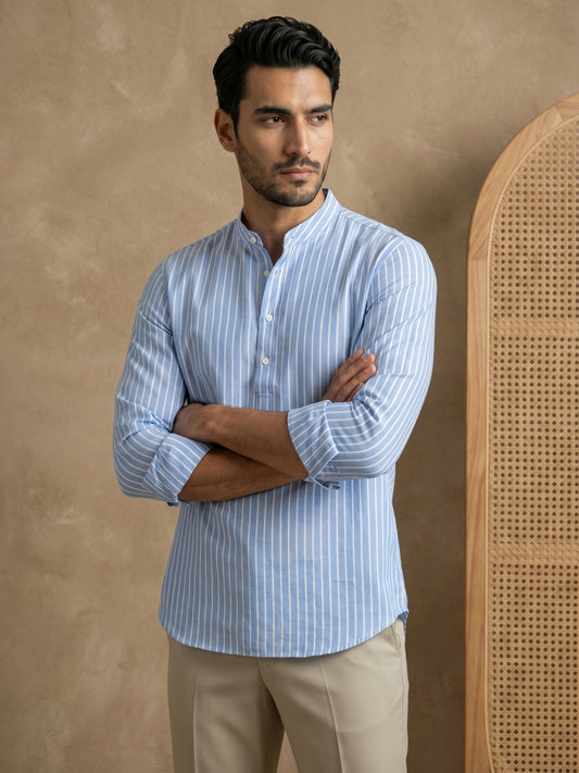 Men’s Blue Striped Short Kurta ( HOPSK 5394Blue )