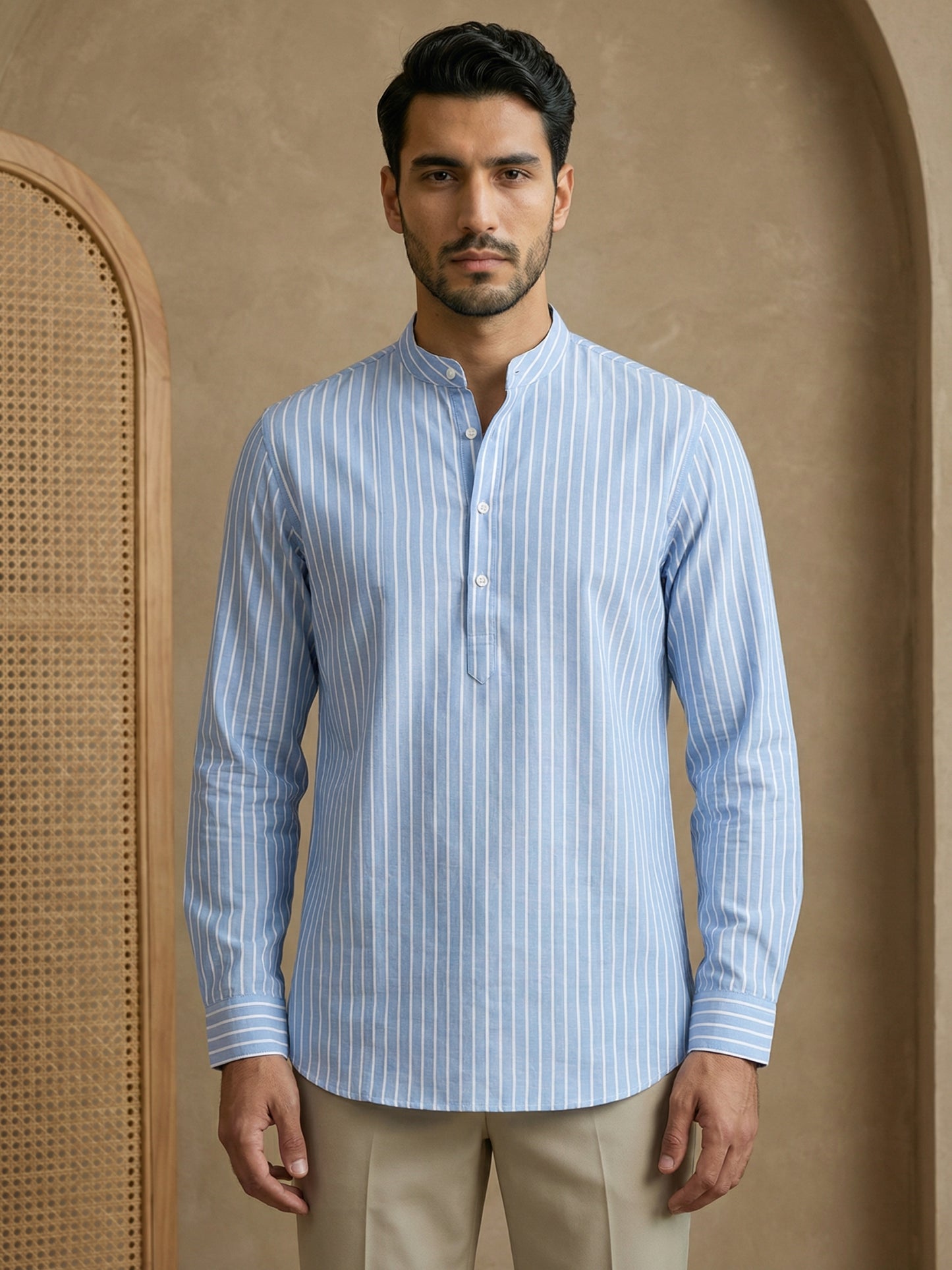 Men’s Blue Striped Short Kurta ( HOPSK 5394Blue )