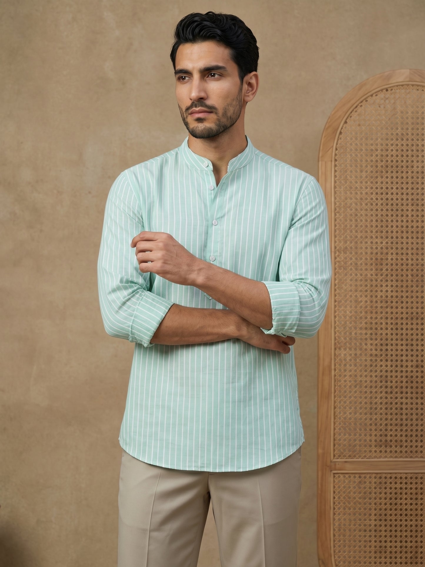 Men’s Green Striped Short Kurta ( HOPSK 5394Green )