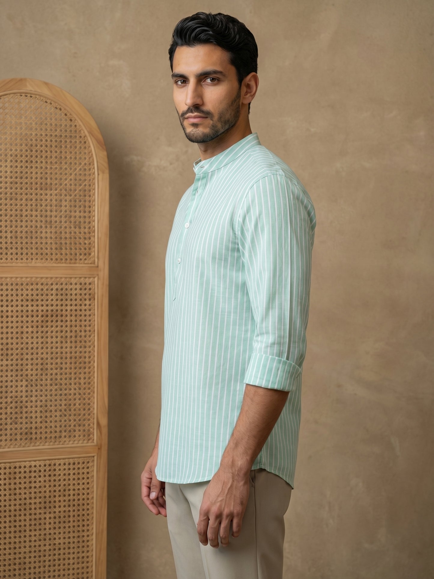 Men’s Green Striped Short Kurta ( HOPSK 5394Green )