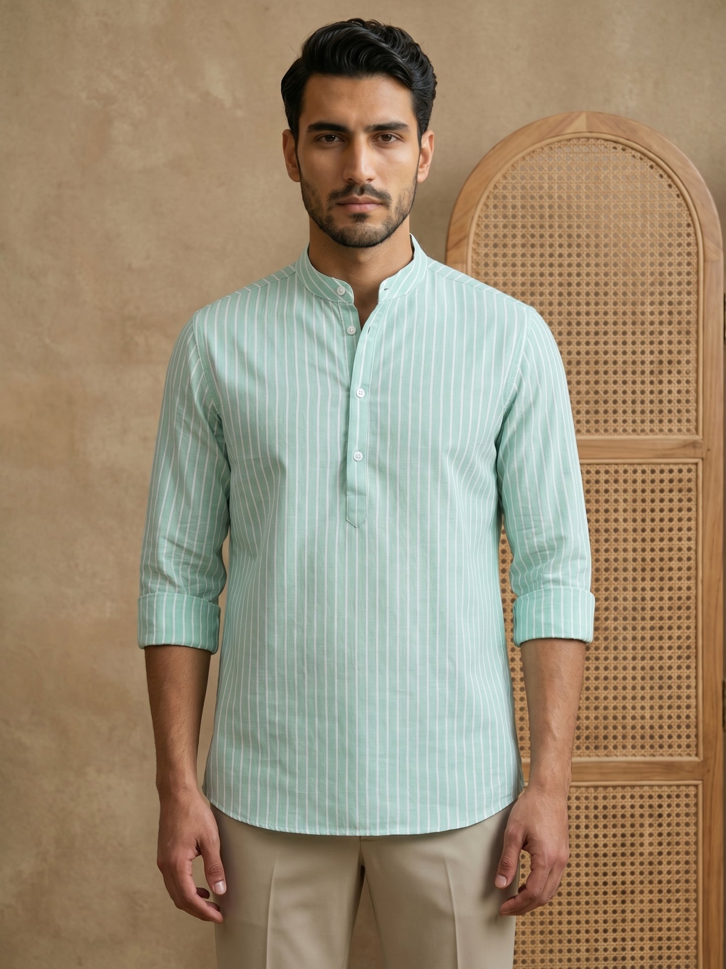 Men’s Green Striped Short Kurta ( HOPSK 5394Green )