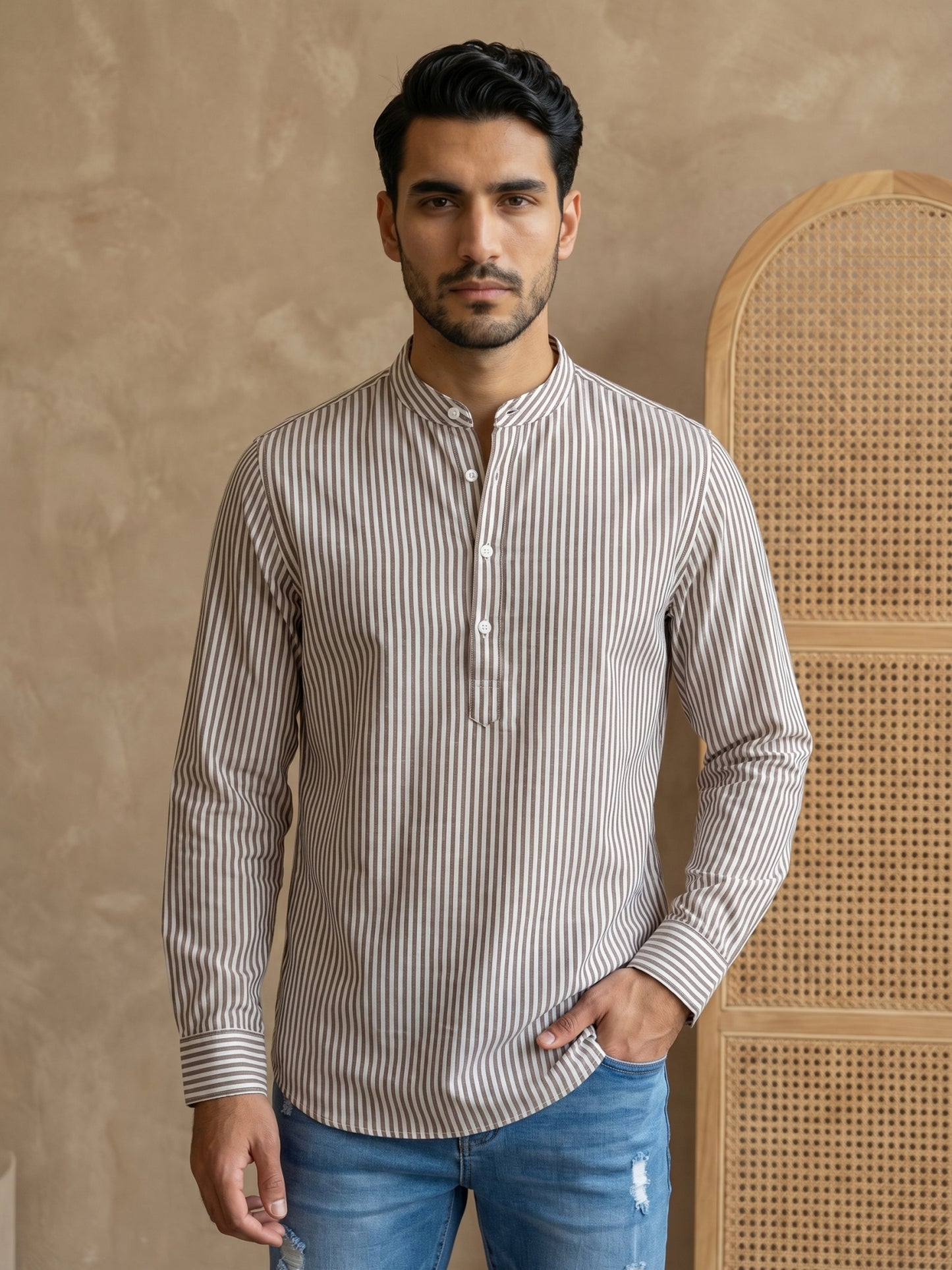Men’s Beige Striped Short Kurta ( HOPSK 5456Beige )