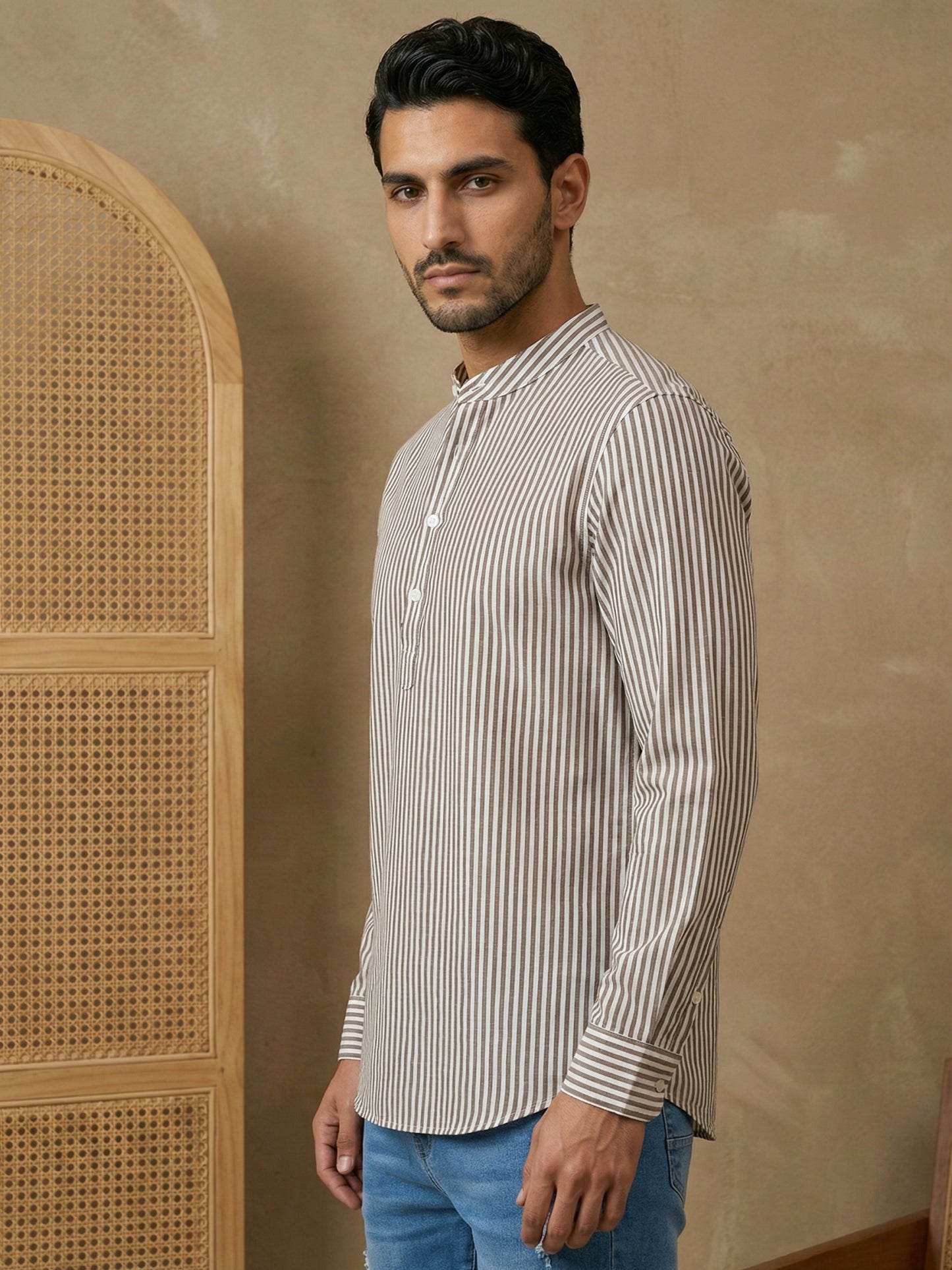 Men’s Beige Striped Short Kurta ( HOPSK 5456Beige )