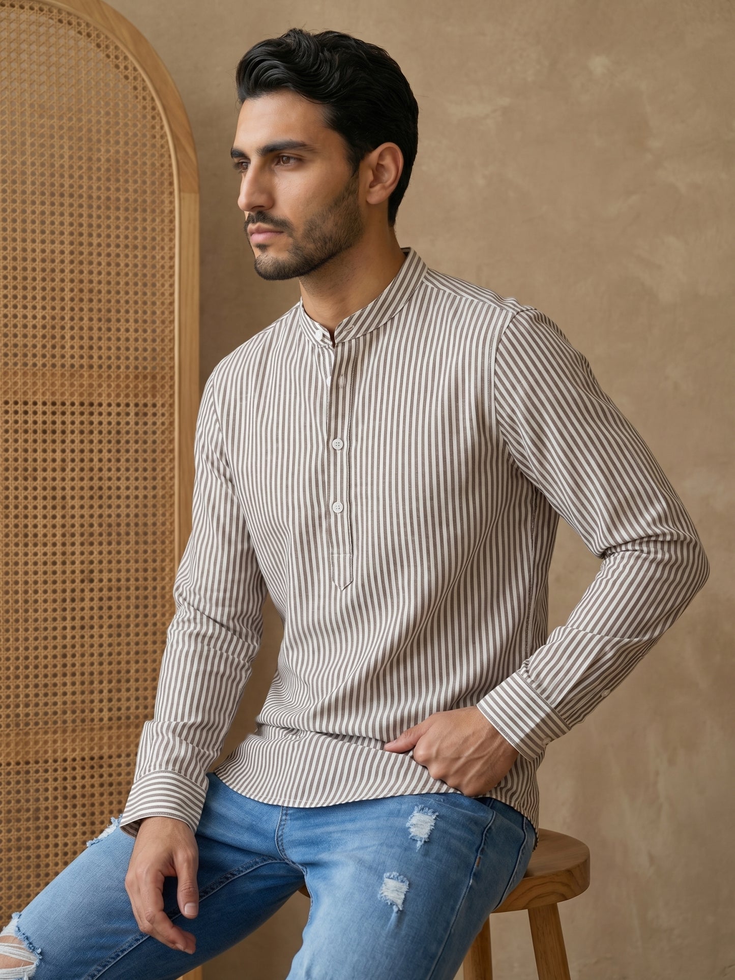 Men’s Beige Striped Short Kurta ( HOPSK 5456Beige )