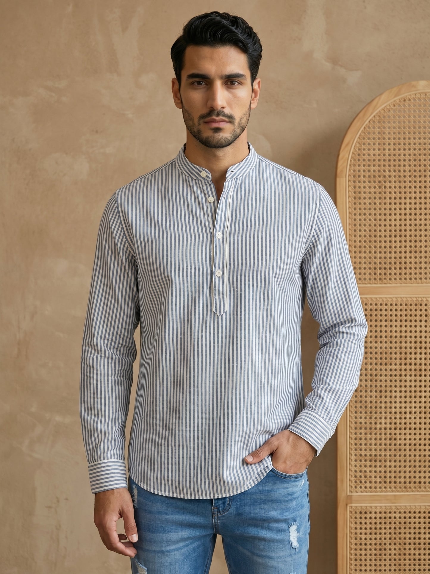 Men’s Blue Striped Short Kurta ( HOPSK 5456Blue )
