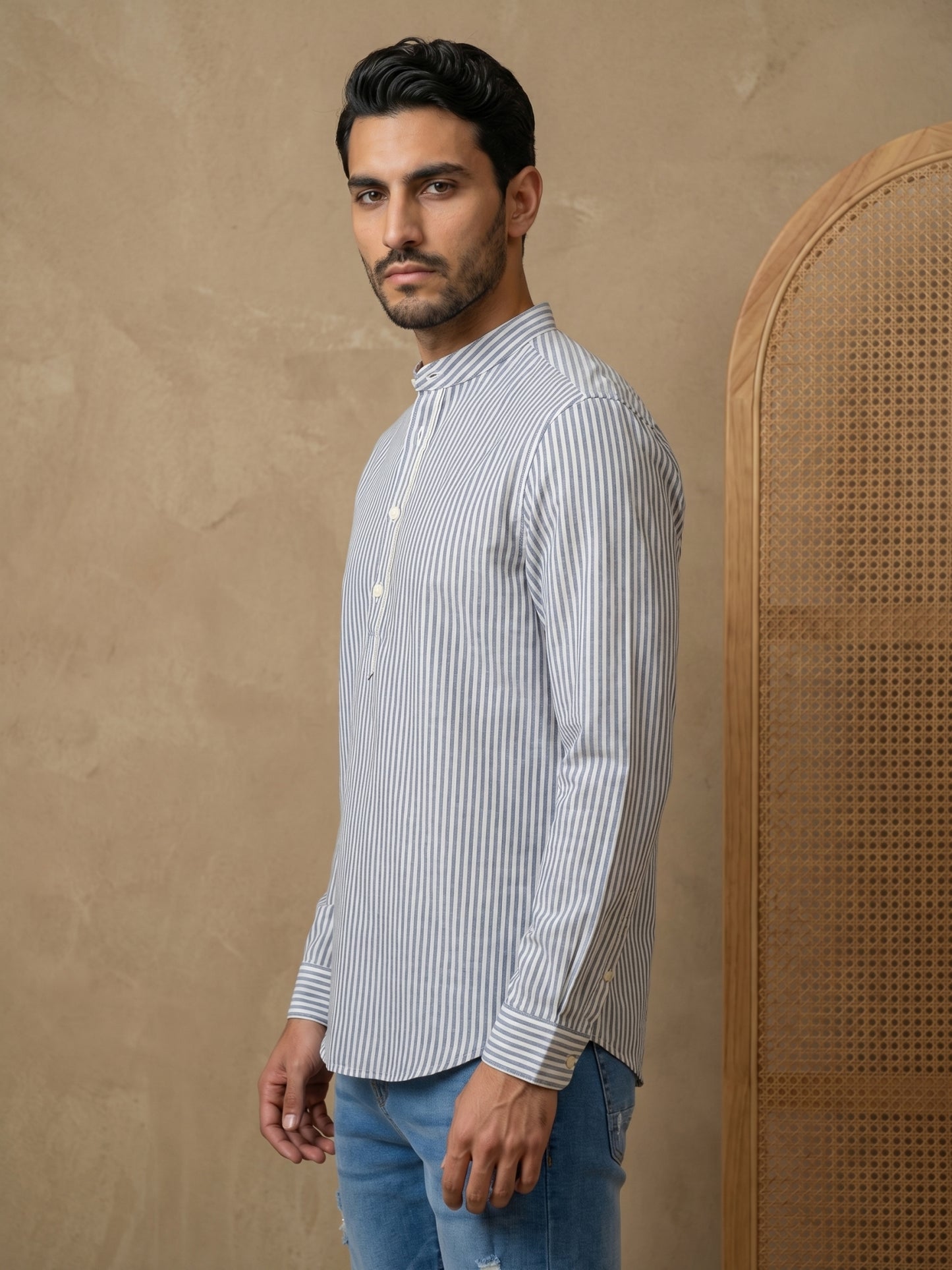 Men’s Blue Striped Short Kurta ( HOPSK 5456Blue )