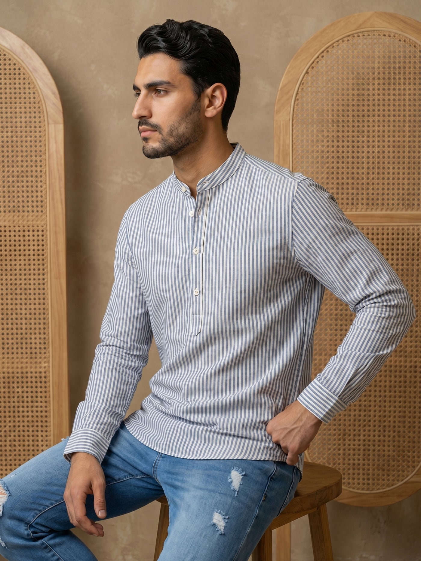 Men’s Blue Striped Short Kurta ( HOPSK 5456Blue )