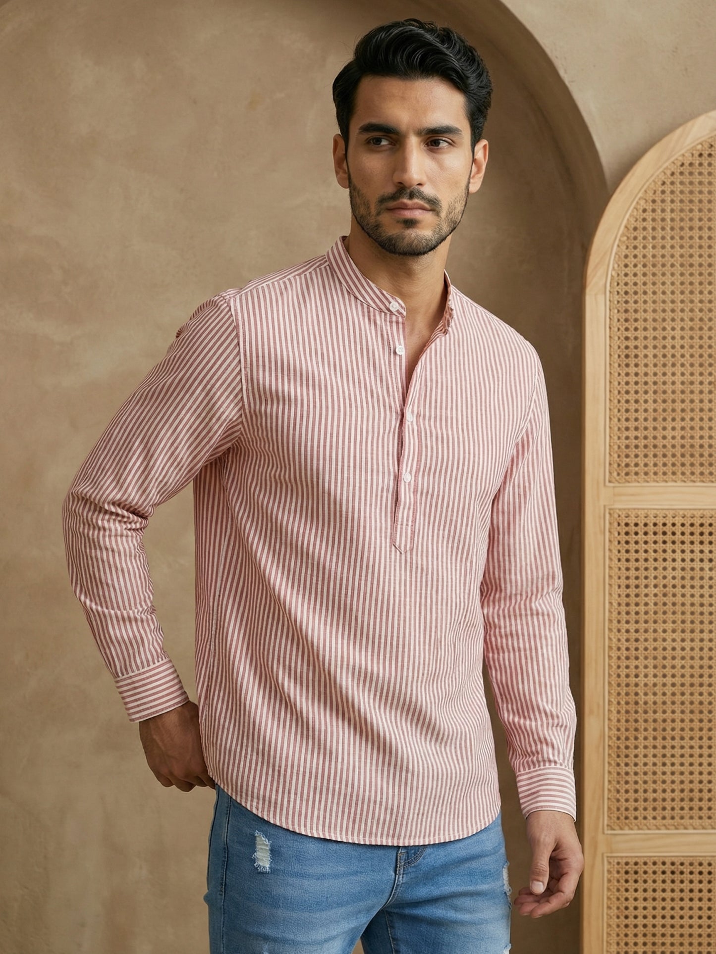Men’s Coral Striped Short Kurta ( HOPSK 5456Coral )