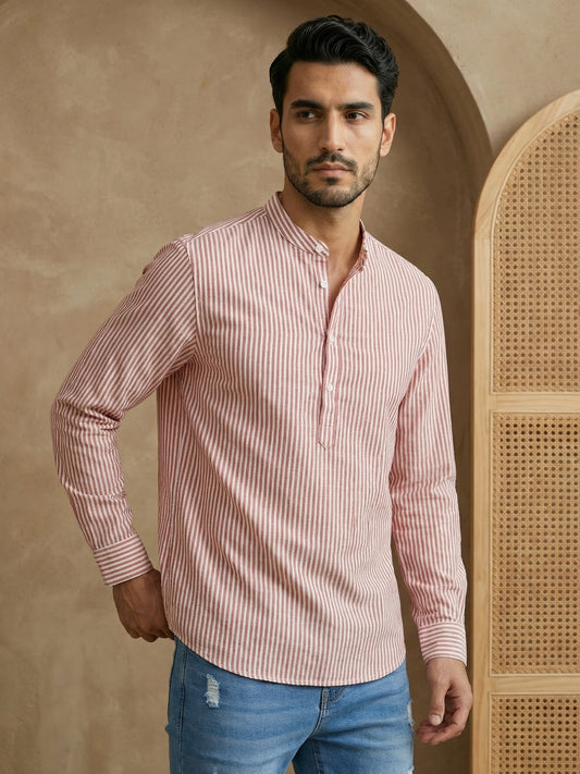 Men’s Coral Striped Short Kurta ( HOPSK 5456Coral )