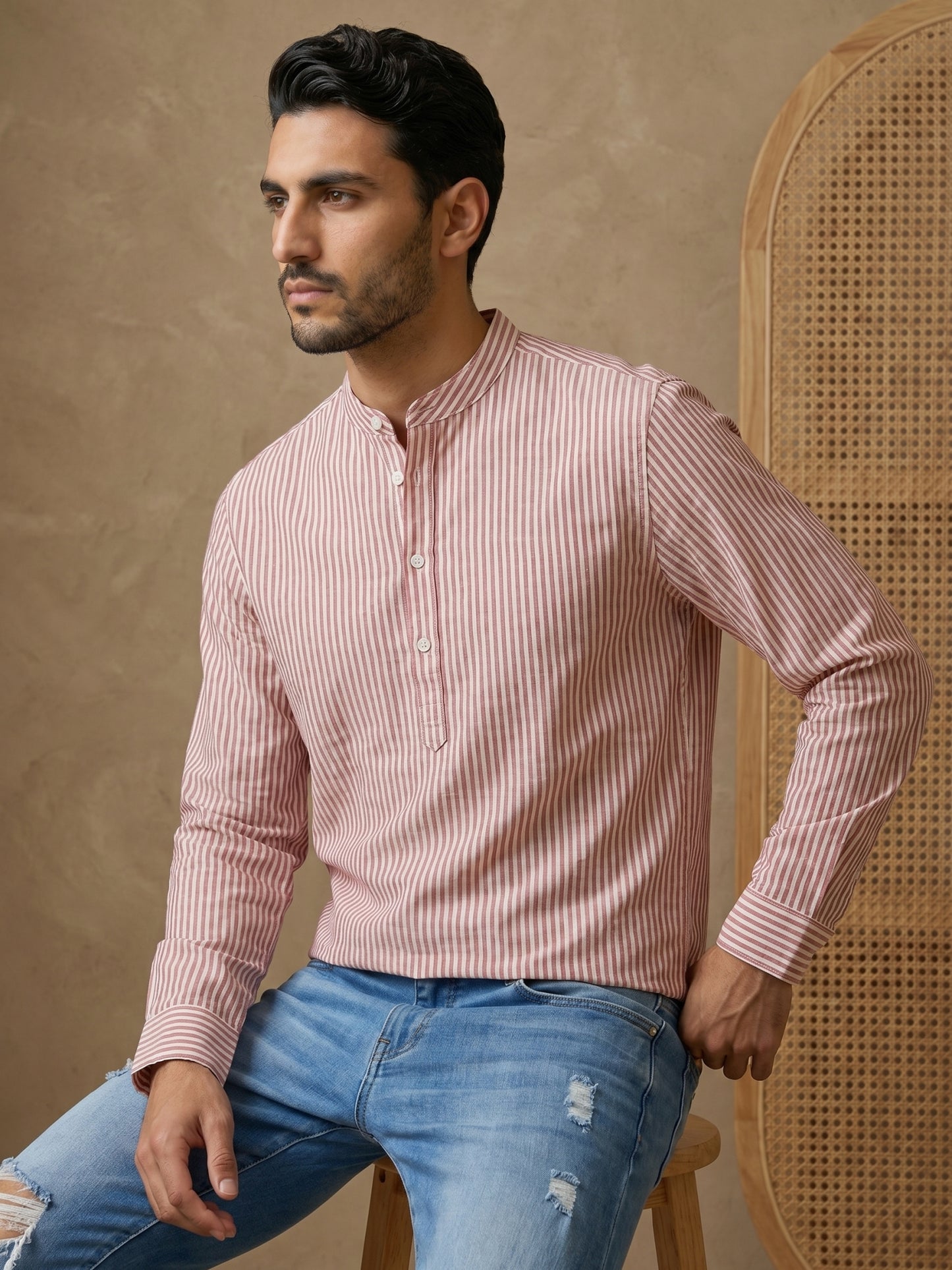 Men’s Coral Striped Short Kurta ( HOPSK 5456Coral )