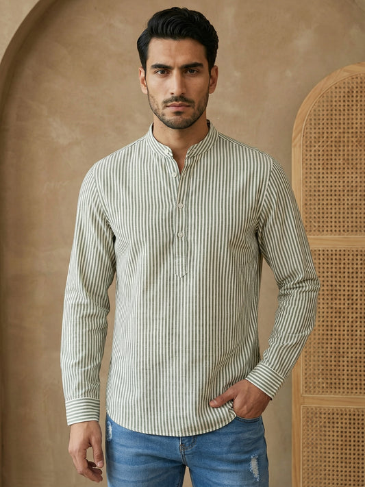 Men’s Green Striped Short Kurta ( HOPSK 5456Green )