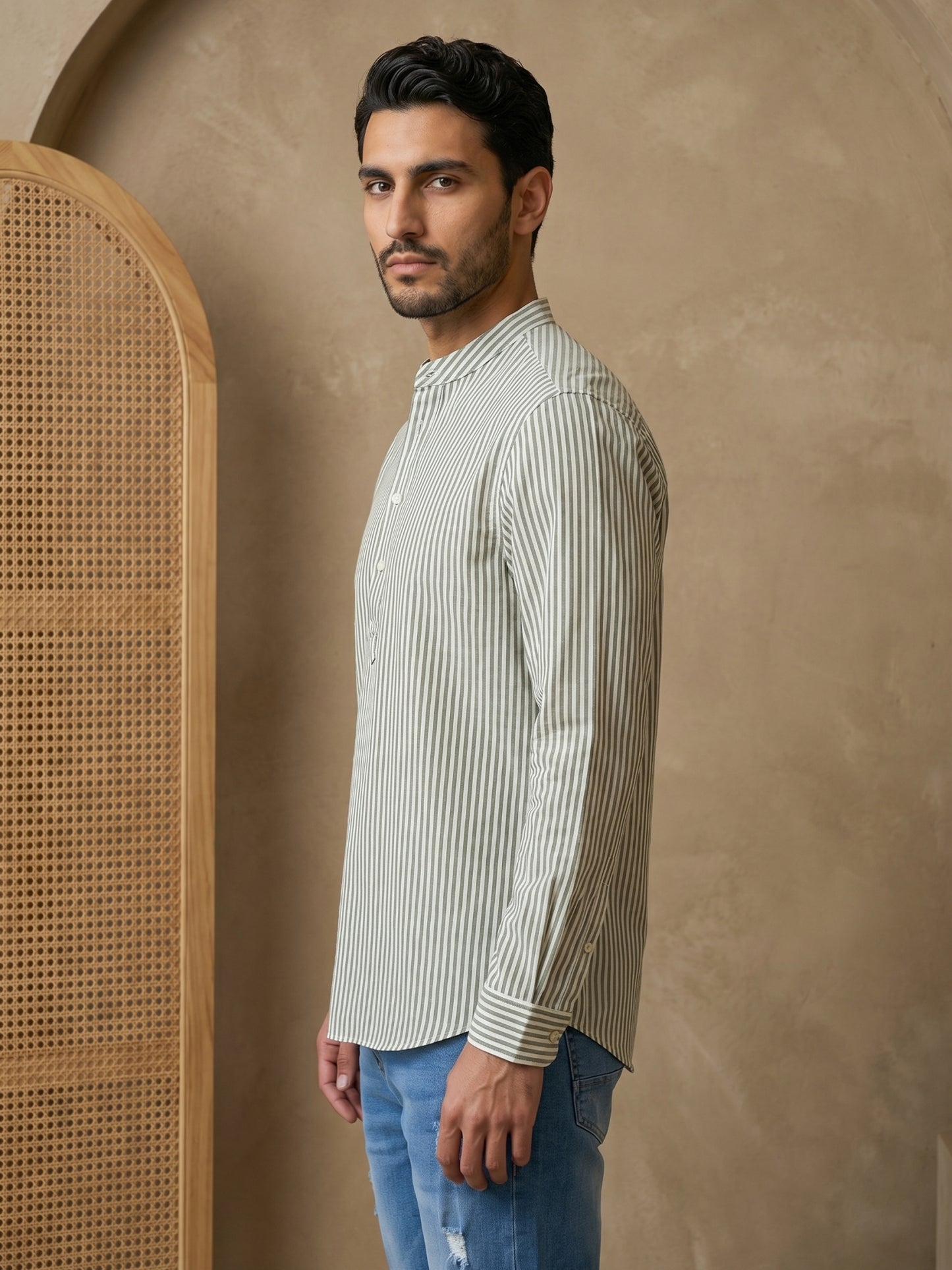 Men’s Green Striped Short Kurta ( HOPSK 5456Green )