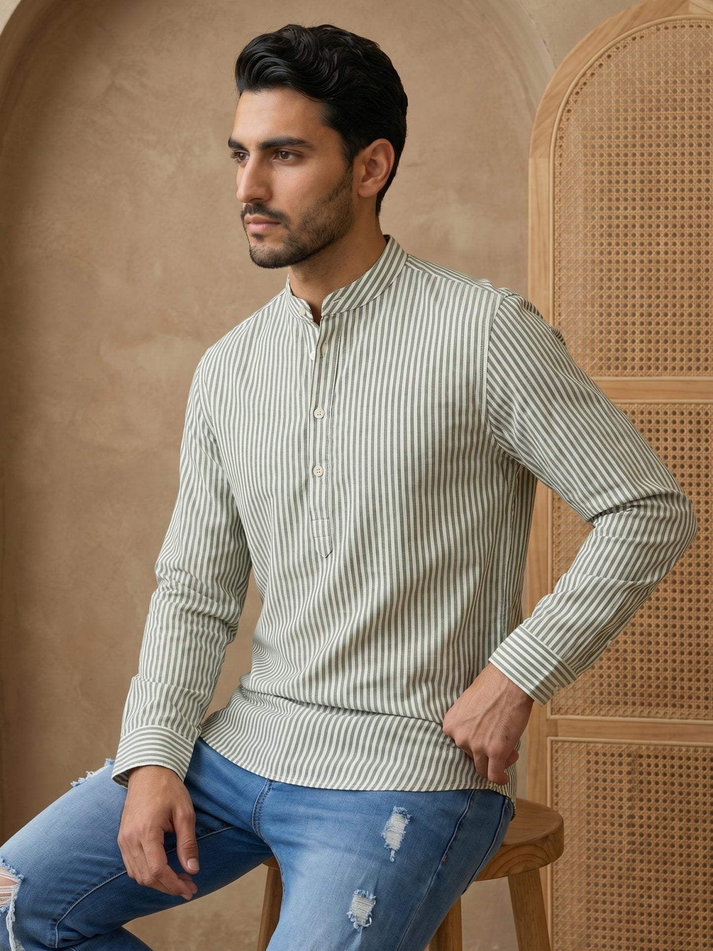 Men’s Green Striped Short Kurta ( HOPSK 5456Green )