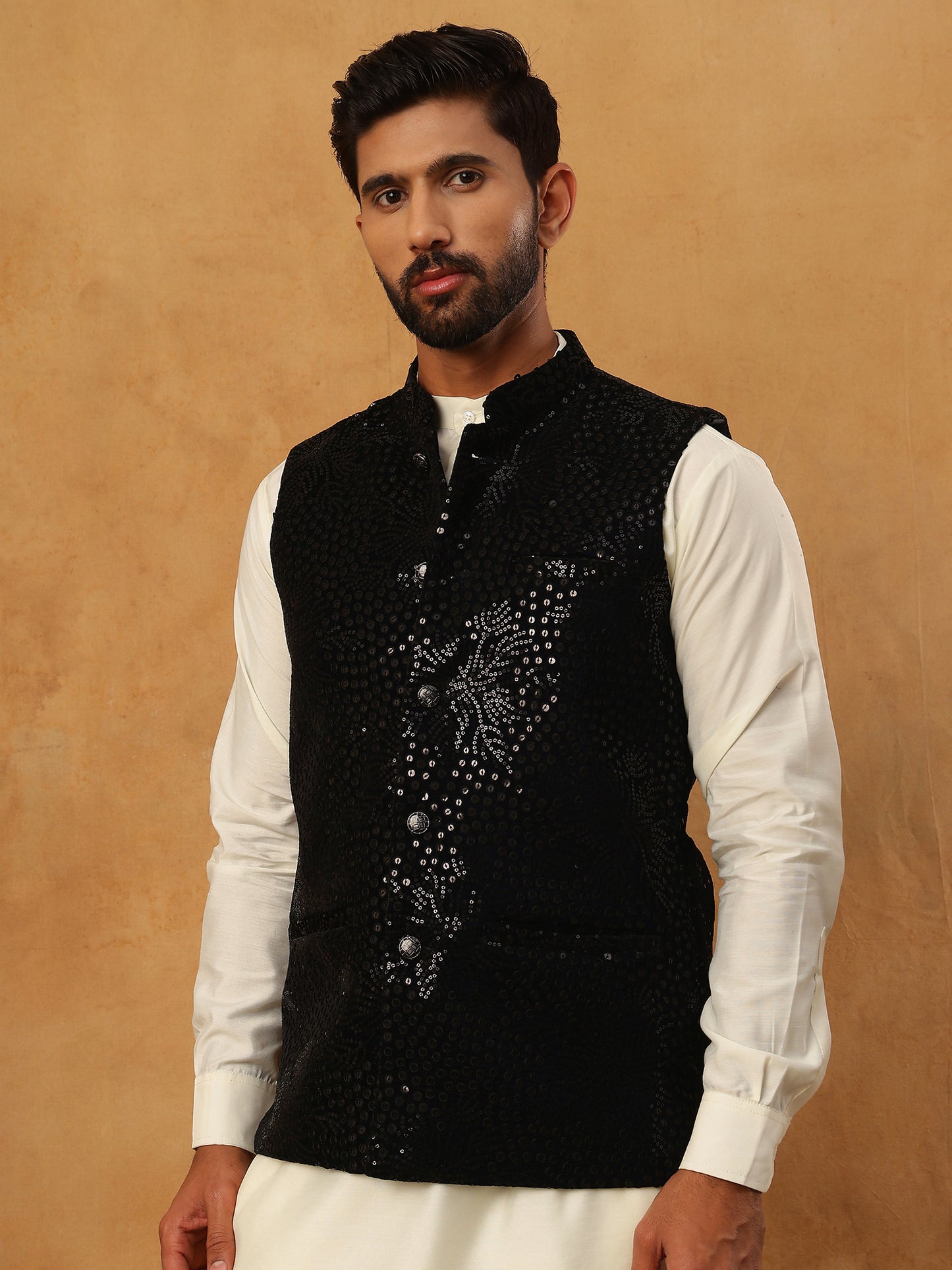 Velvet Sequin Work Nehru Jacket ( HOPWC 7027Black )