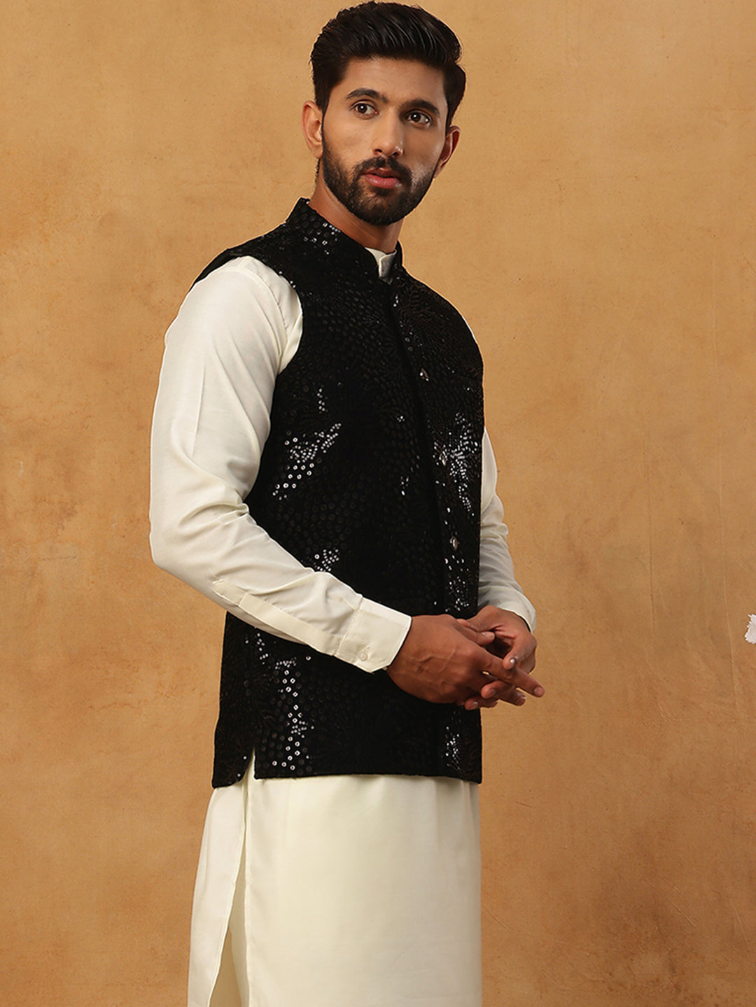 Velvet Sequin Work Nehru Jacket ( HOPWC 7027Black )