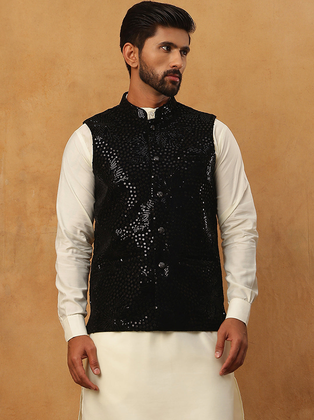 Velvet Sequin Work Nehru Jacket ( HOPWC 7027Black )