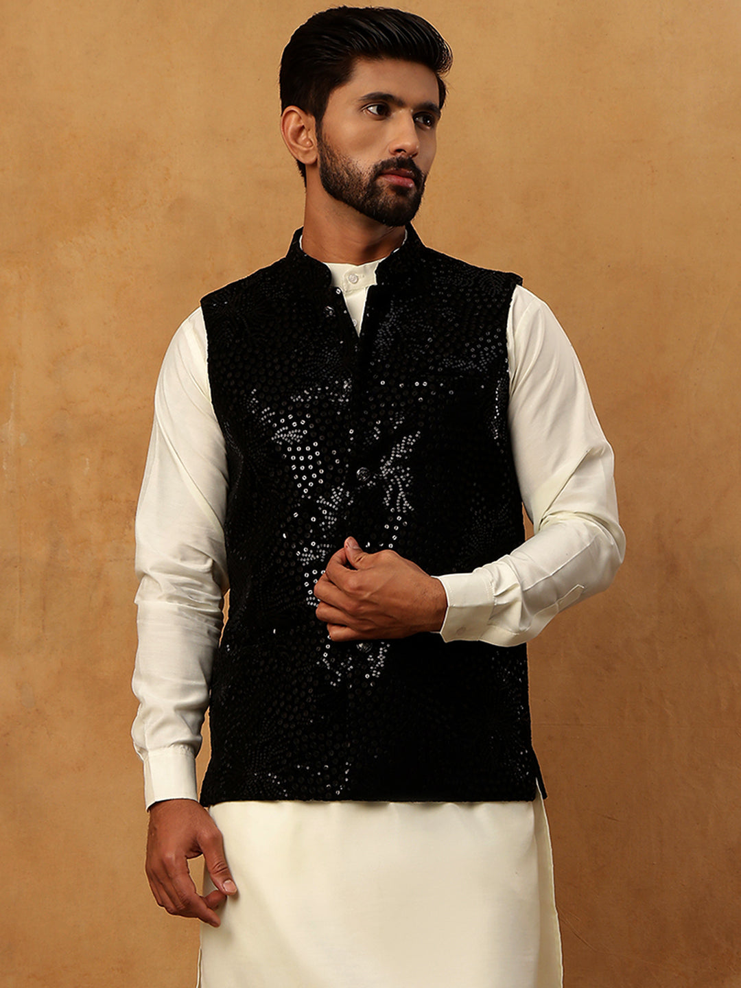Velvet Sequin Work Nehru Jacket ( HOPWC 7027Black )