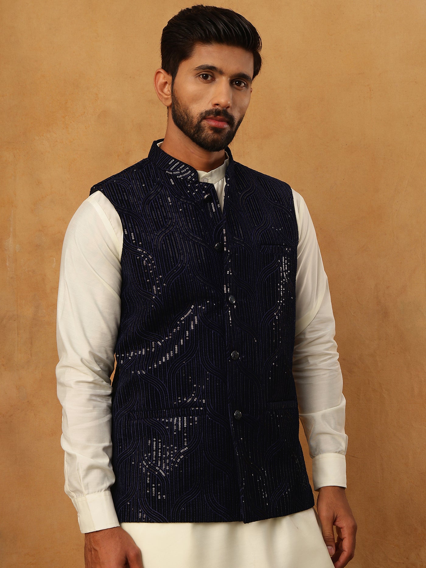 Velvet Sequin Work Nehru Jacket ( HOPWC 7028Navy )