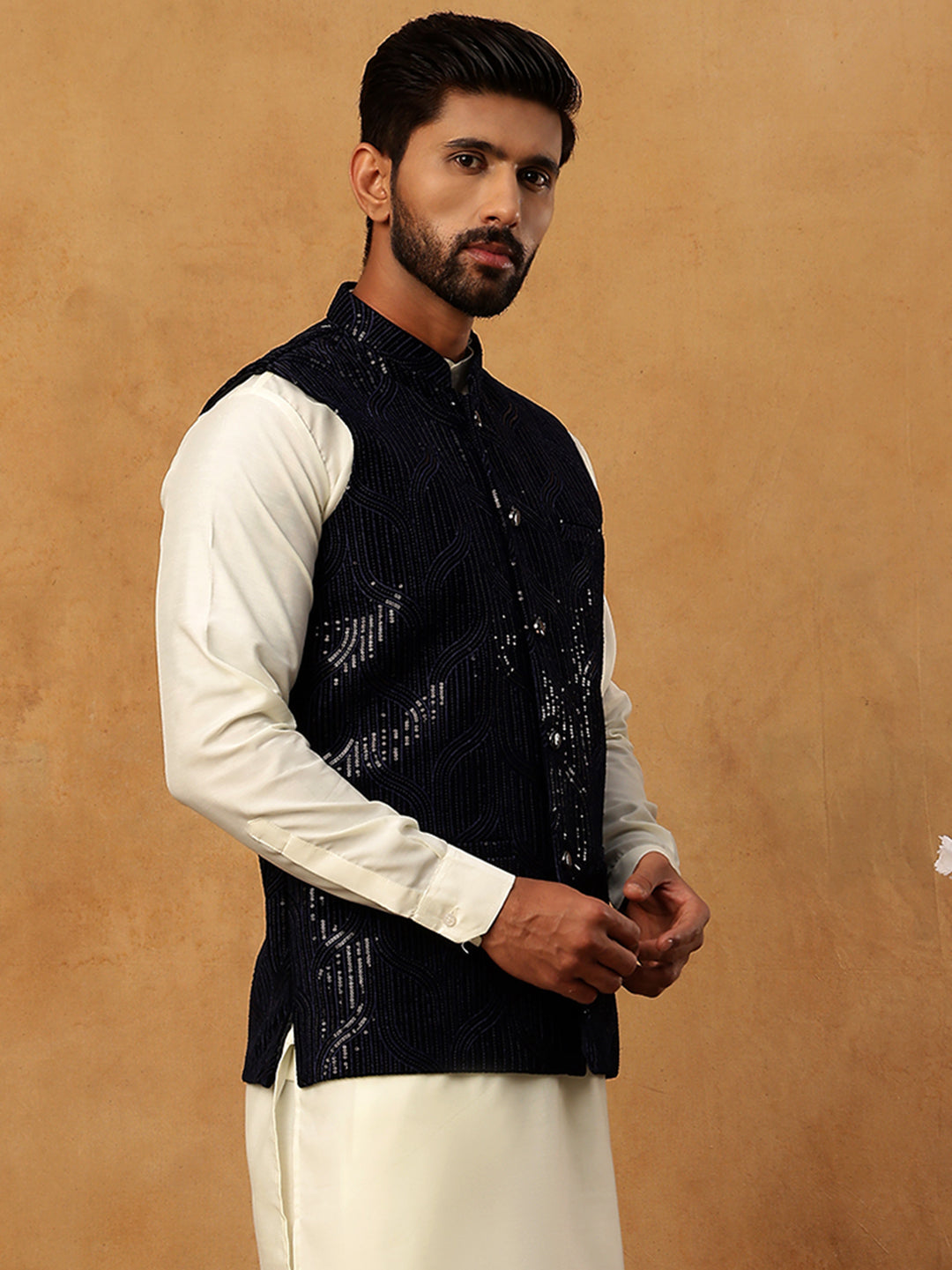 Velvet Sequin Work Nehru Jacket ( HOPWC 7028Navy )
