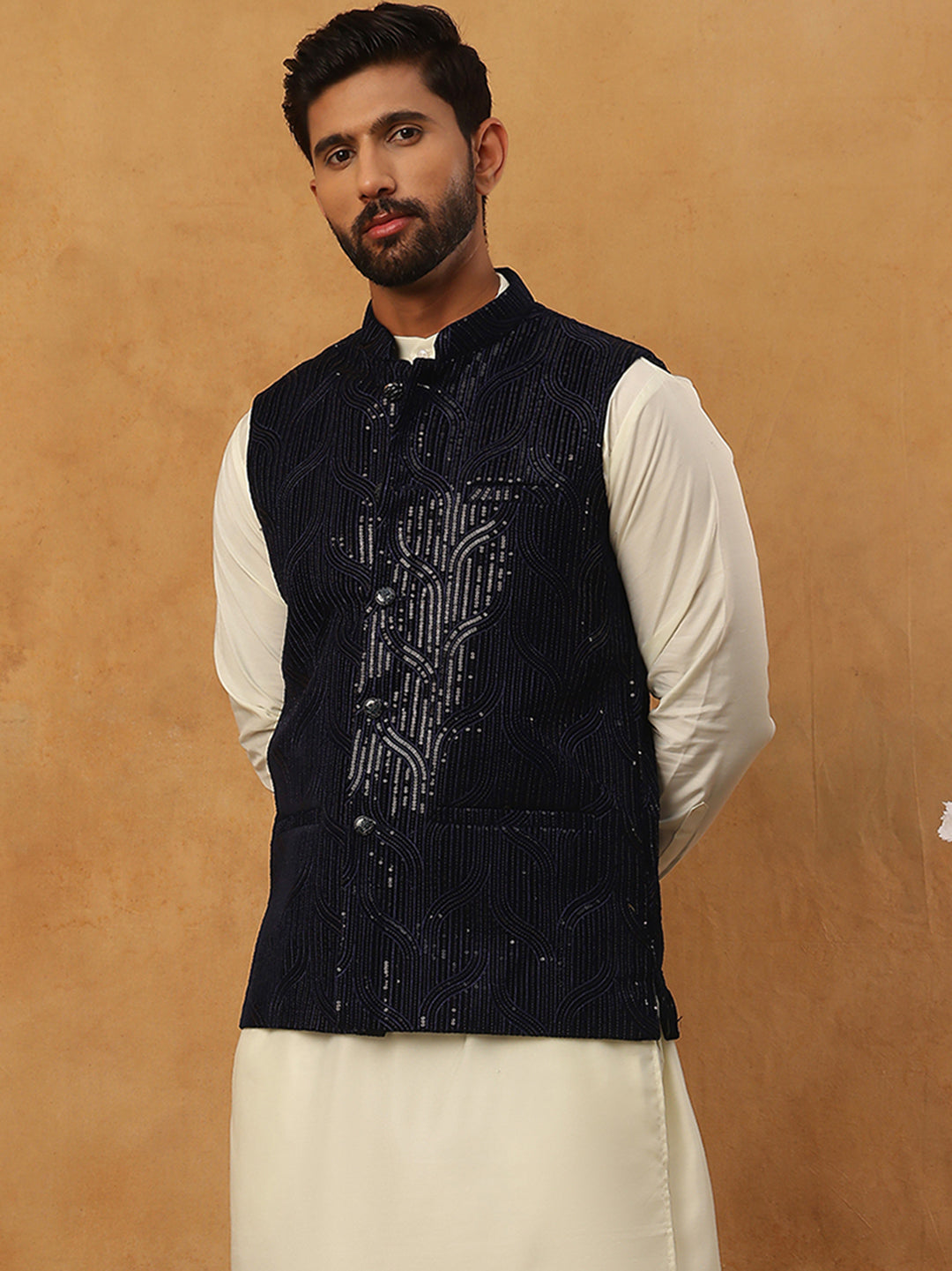 Velvet Sequin Work Nehru Jacket ( HOPWC 7028Navy )