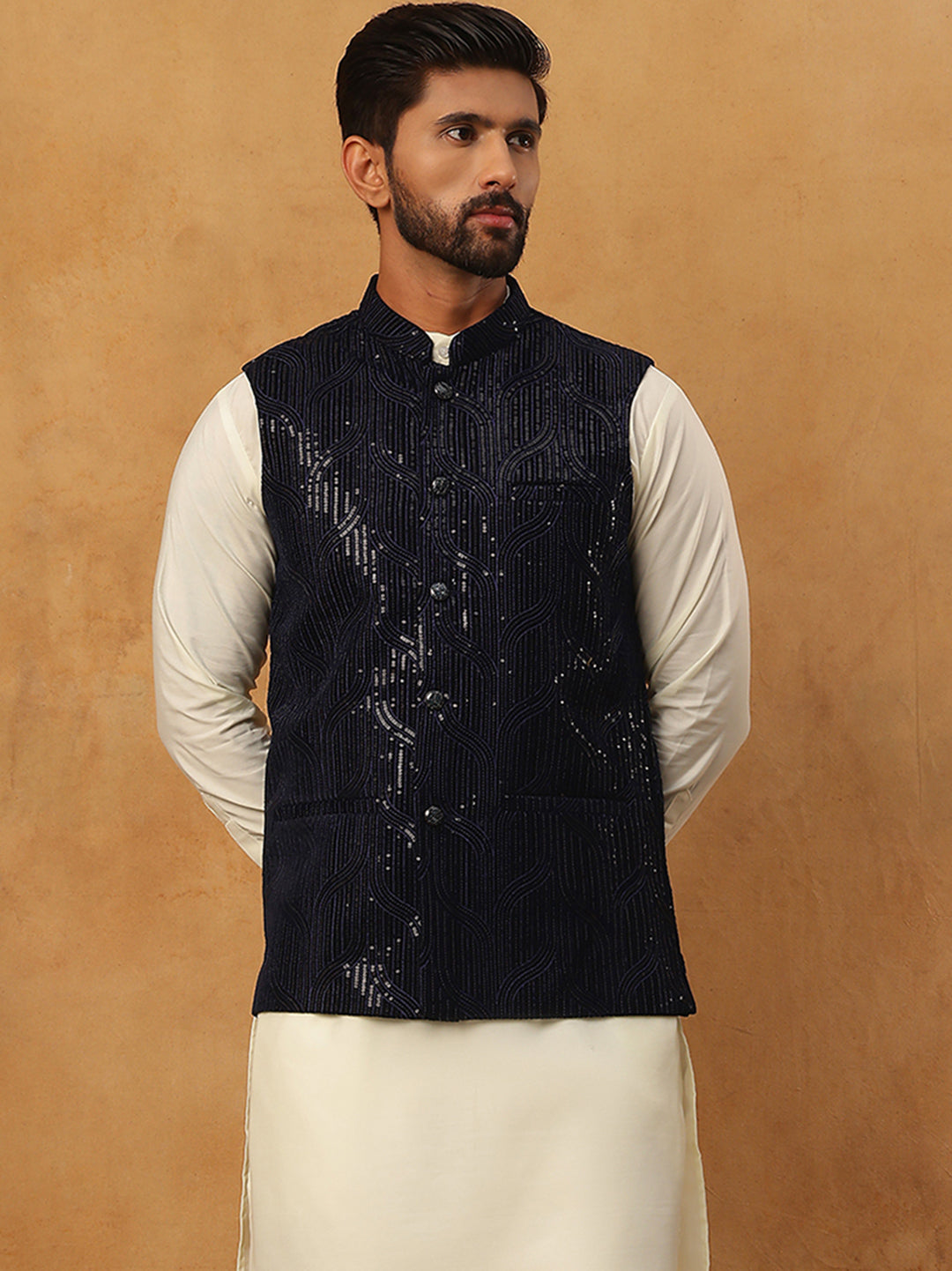 Velvet Sequin Work Nehru Jacket ( HOPWC 7028Navy )