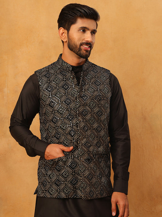 Velvet Sequin Work Nehru Jacket ( HOPWC 7029Black )