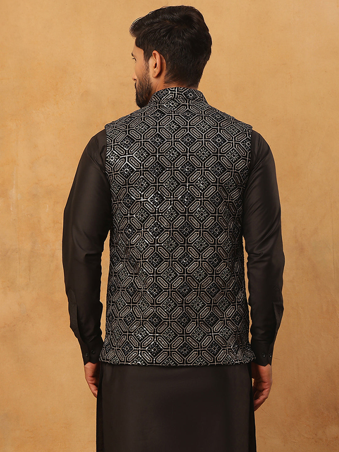 Velvet Sequin Work Nehru Jacket ( HOPWC 7029Black )