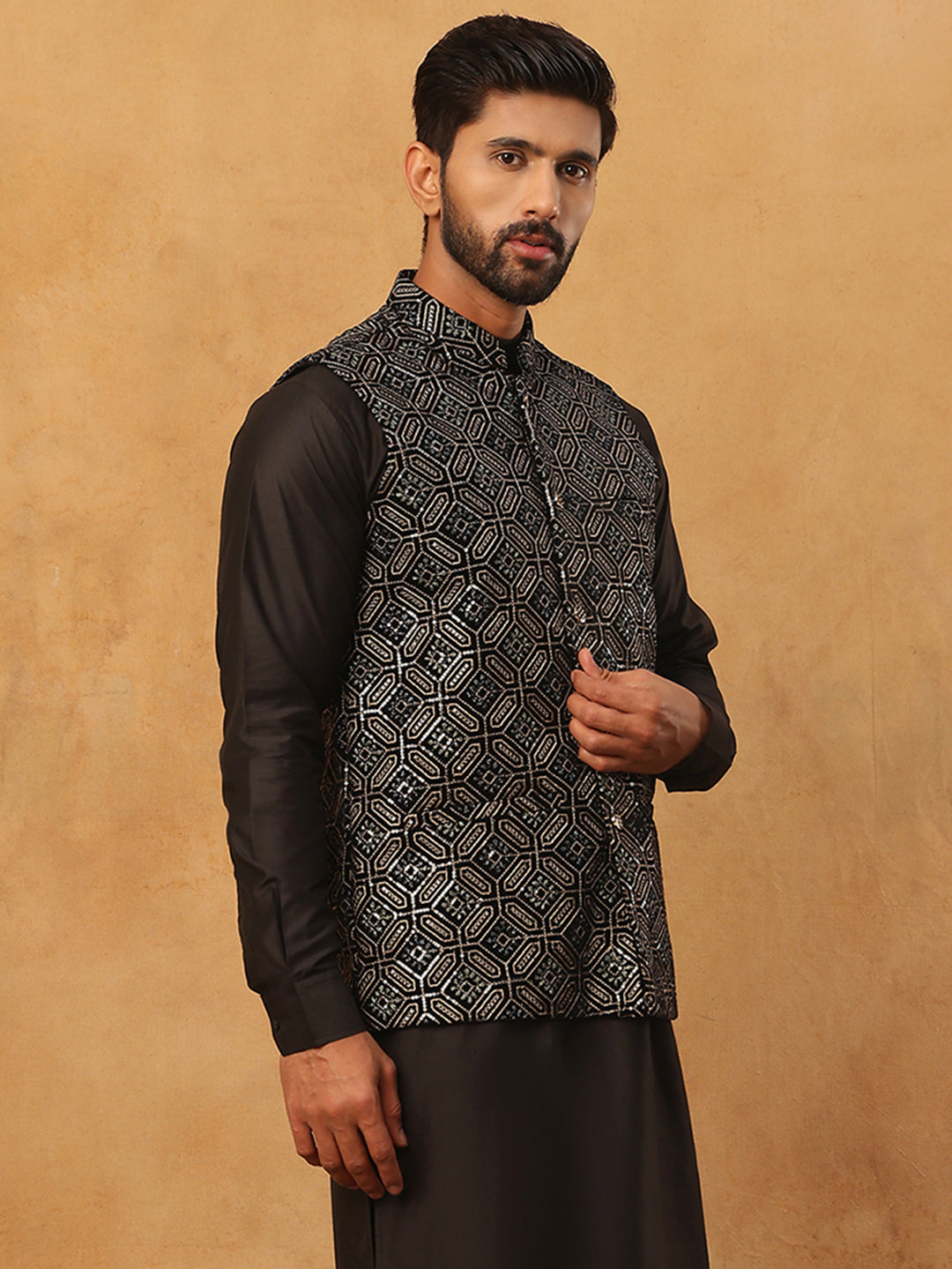 Velvet Sequin Work Nehru Jacket ( HOPWC 7029Black )