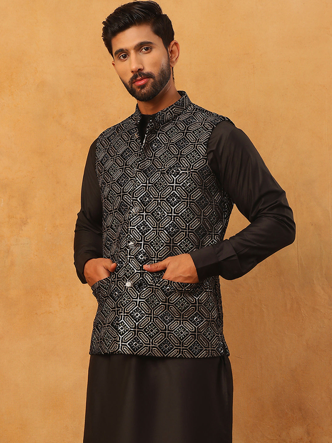 Velvet Sequin Work Nehru Jacket ( HOPWC 7029Black )