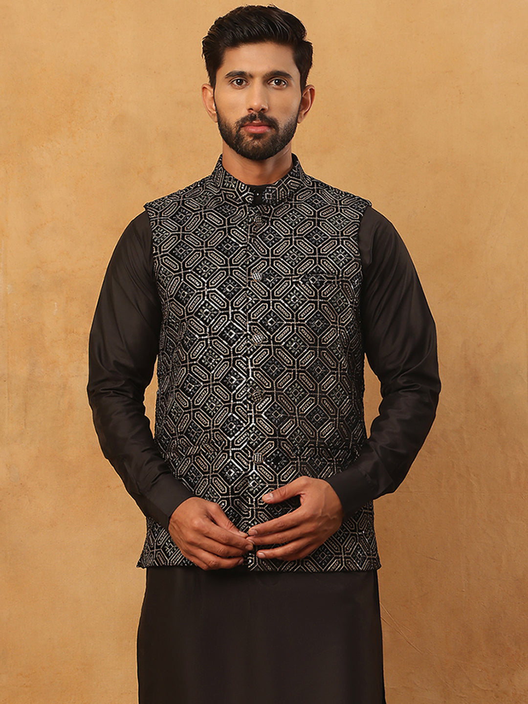 Velvet Sequin Work Nehru Jacket ( HOPWC 7029Black )