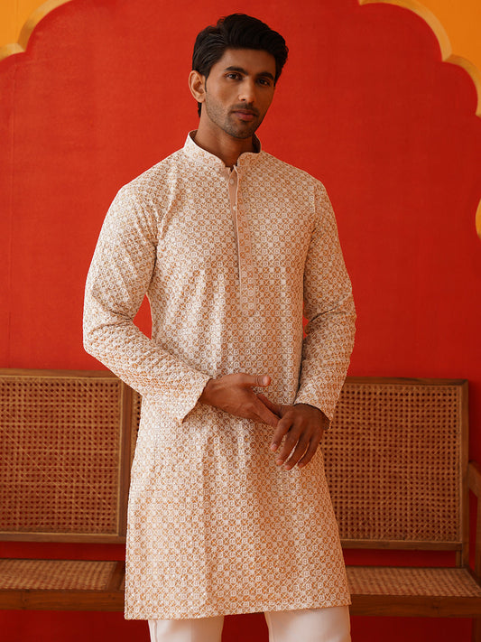 Sequins & Embroidered Kurta Pyjama Set For Men ( JJOKP P 5128Beige )