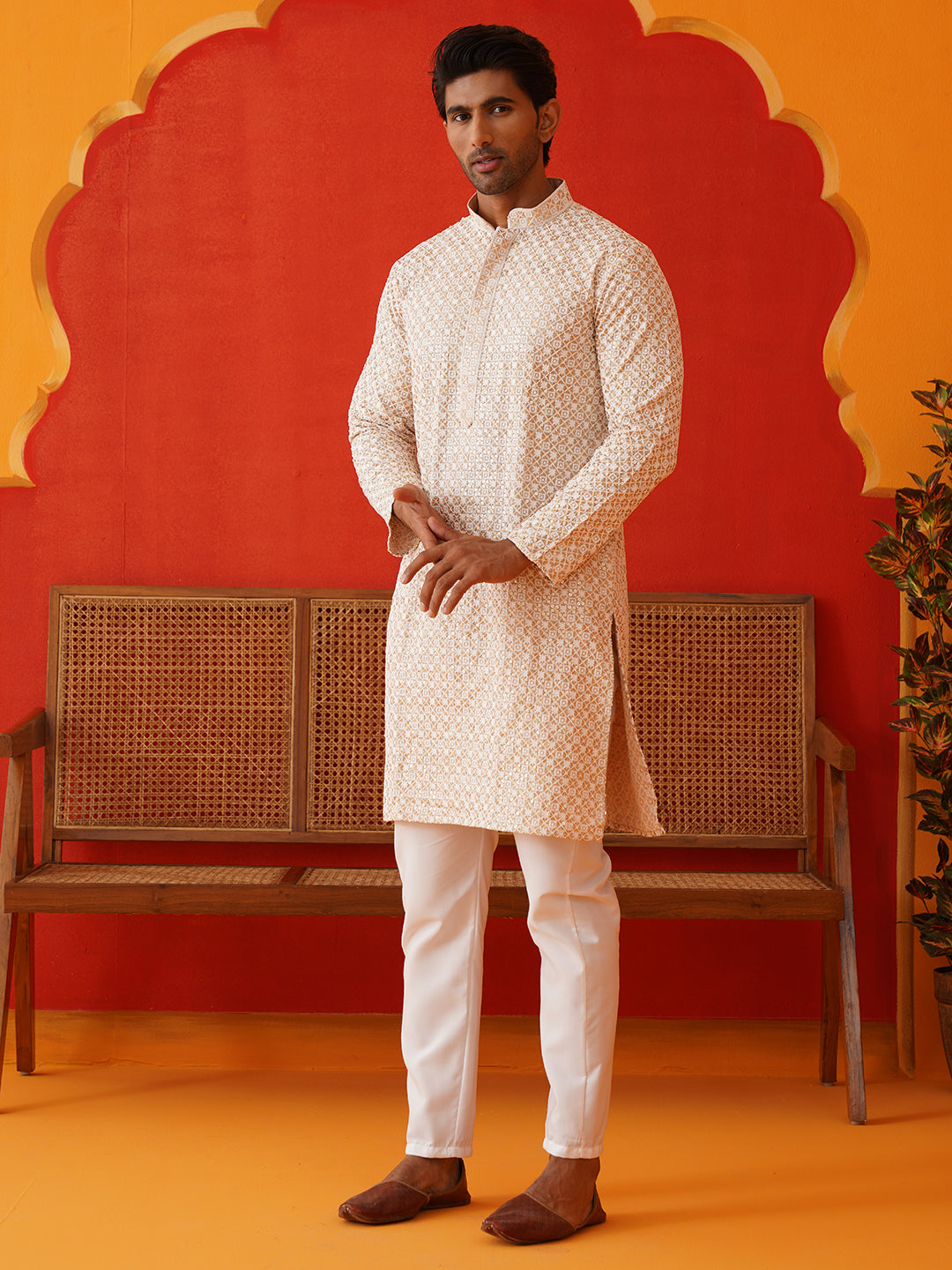Sequins & Embroidered Kurta Pyjama Set For Men ( JJOKP P 5128Beige )