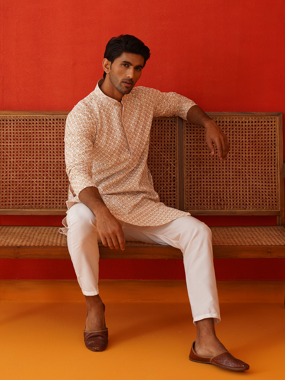 Sequins & Embroidered Kurta Pyjama Set For Men ( JJOKP P 5128Beige )