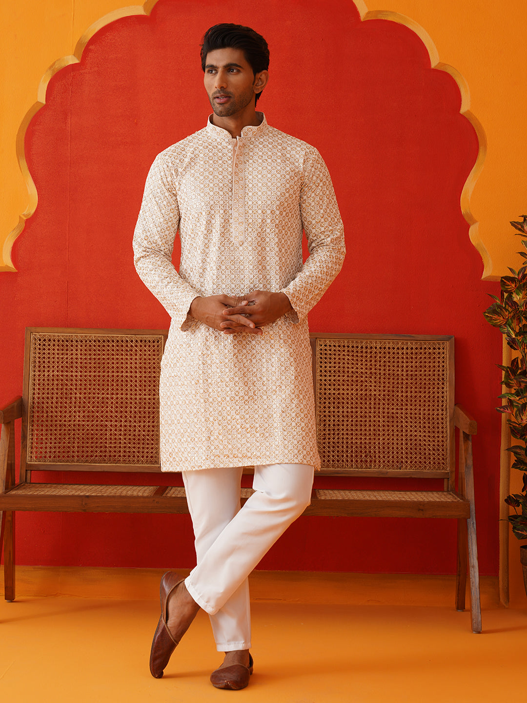 Sequins & Embroidered Kurta Pyjama Set For Men ( JJOKP P 5128Beige )
