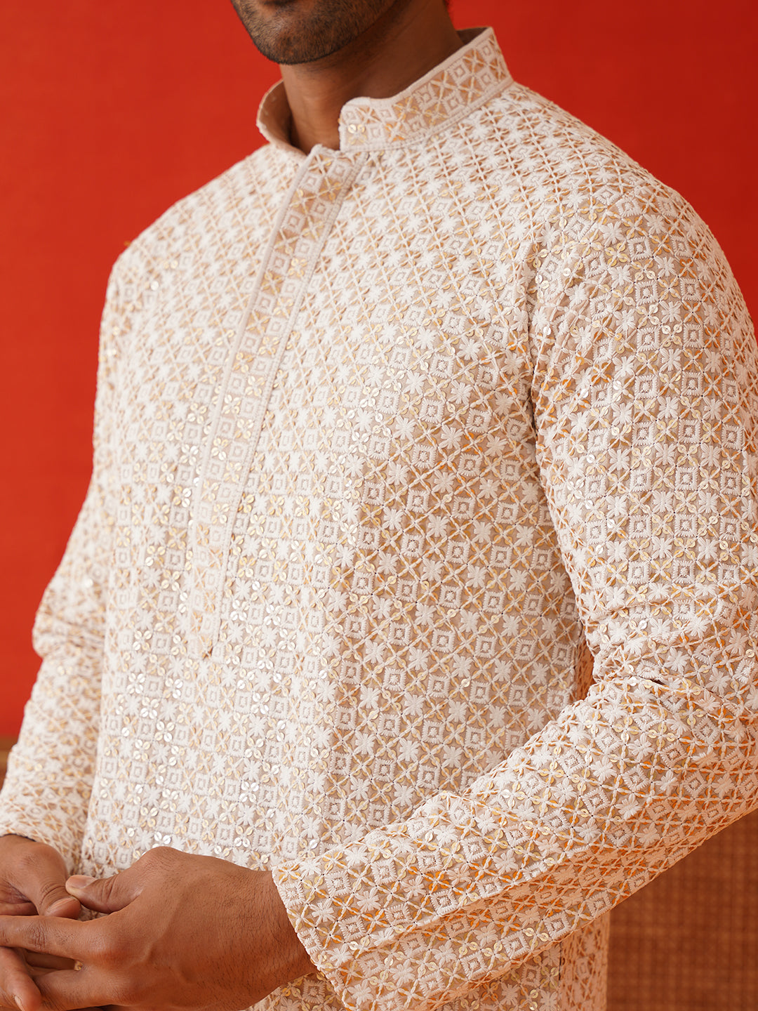 Sequins & Embroidered Kurta Pyjama Set For Men ( JJOKP P 5128Beige )