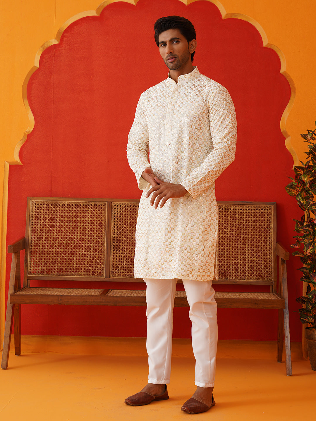 Sequins & Embroidered Kurta Pyjama Set For Men ( JJOKP P 5128Cream )