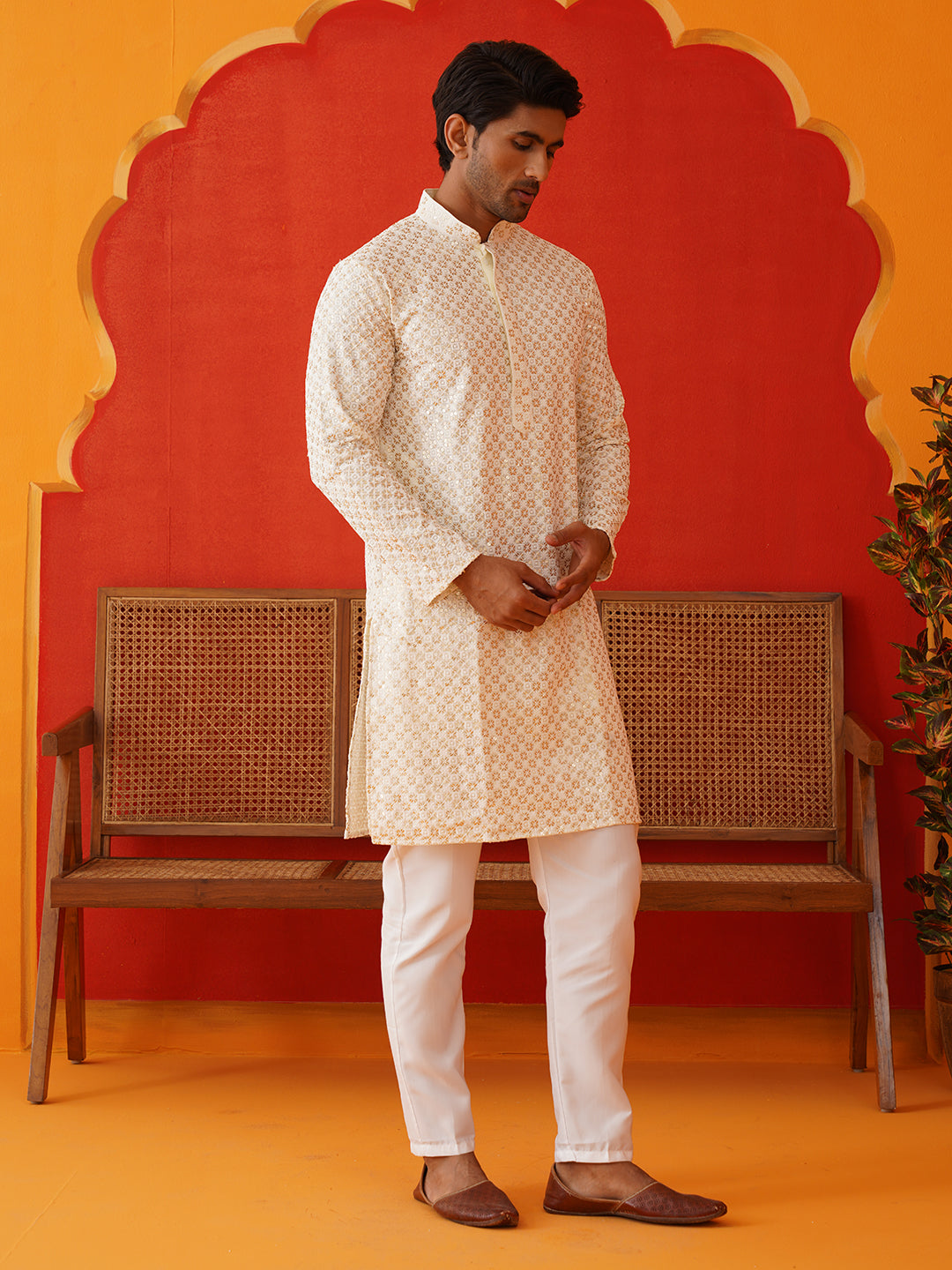 Sequins & Embroidered Kurta Pyjama Set For Men ( JJOKP P 5128Cream )