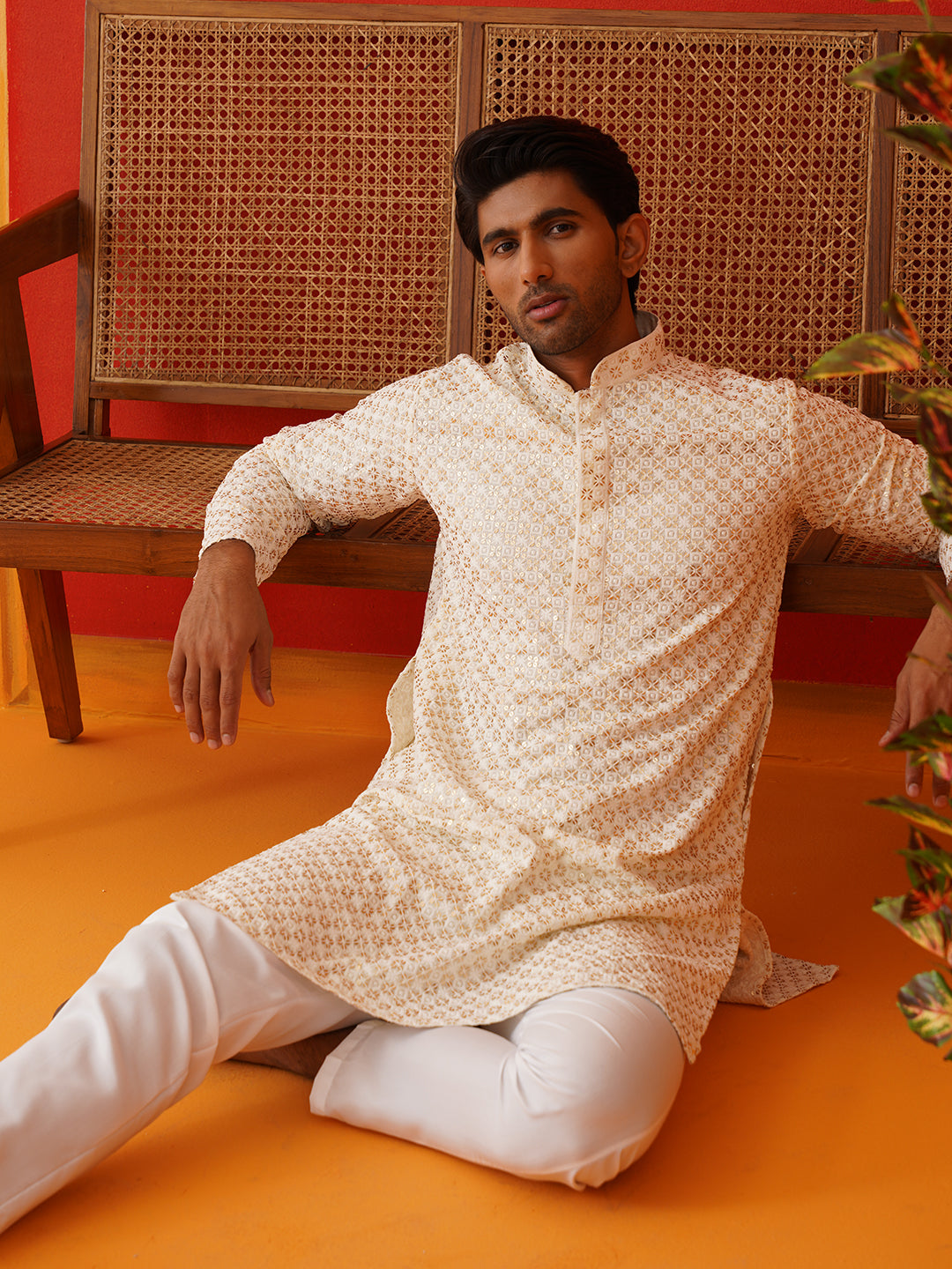 Sequins & Embroidered Kurta Pyjama Set For Men ( JJOKP P 5128Cream )