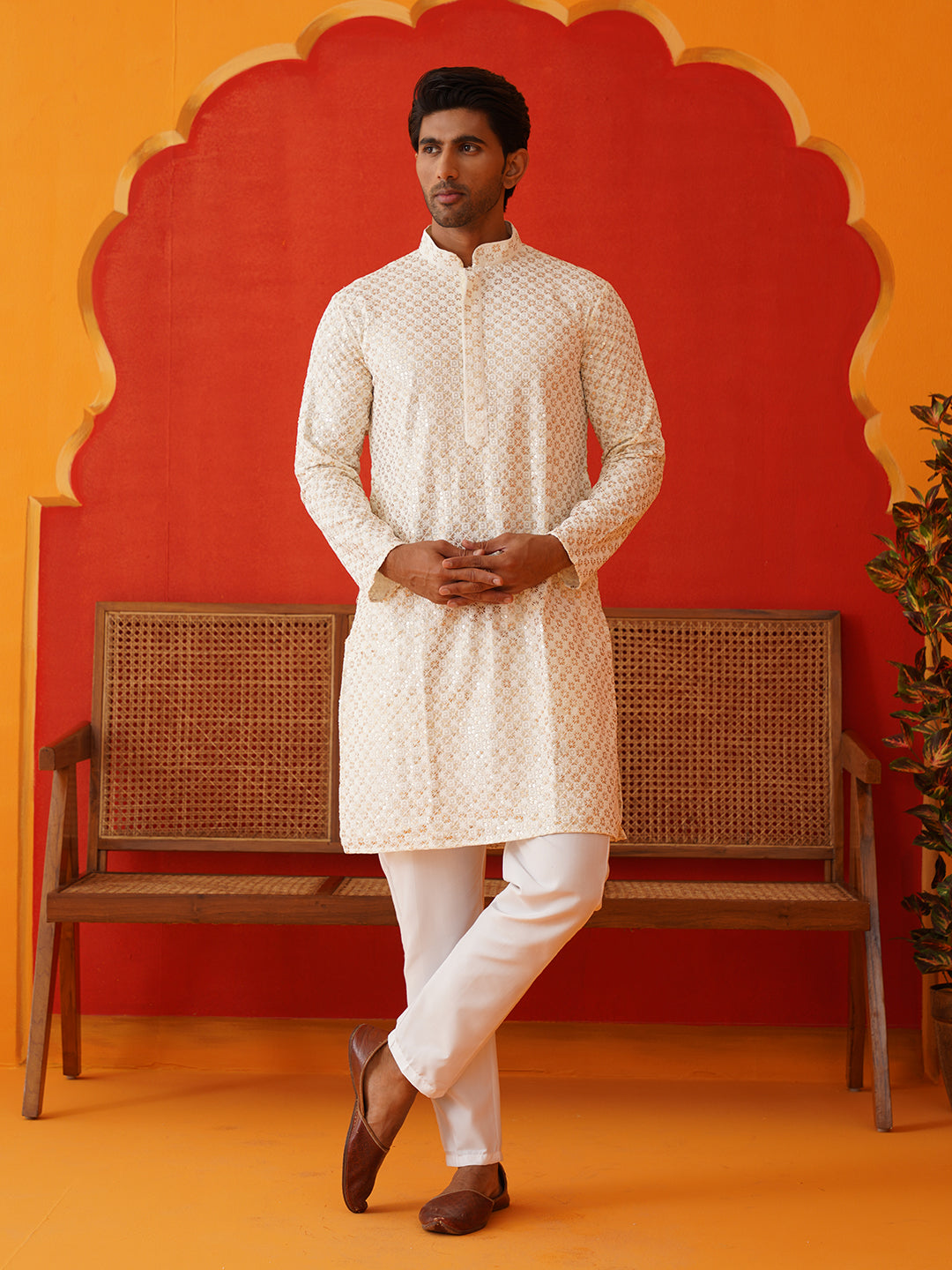 Sequins & Embroidered Kurta Pyjama Set For Men ( JJOKP P 5128Cream )