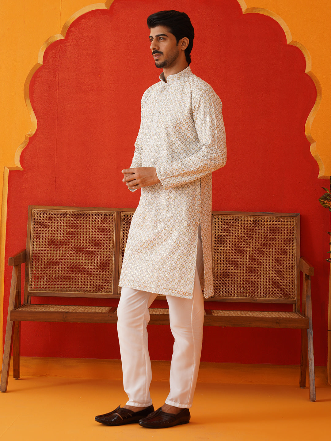 Sequins & Embroidered Kurta Pyjama Set For Men ( JJOKP P 5128Grey )