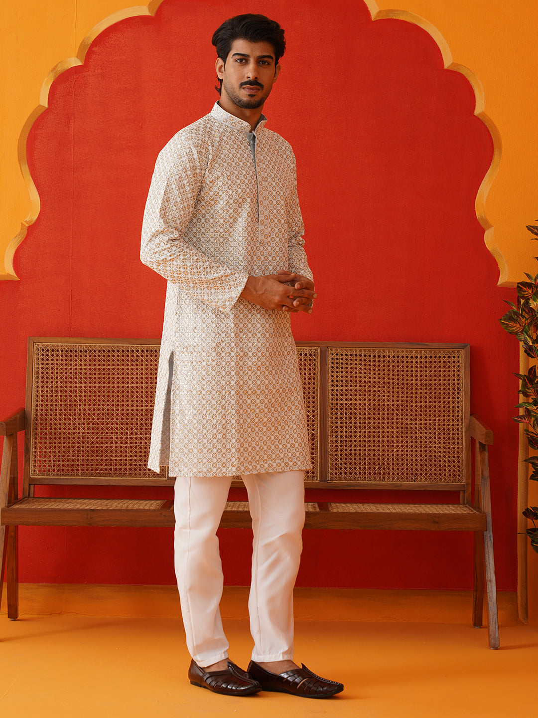 Sequins & Embroidered Kurta Pyjama Set For Men ( JJOKP P 5128Grey )
