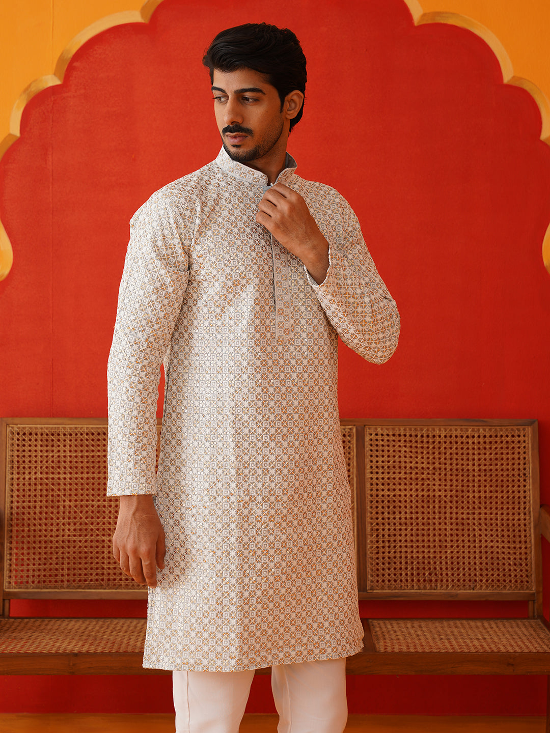 Sequins & Embroidered Kurta Pyjama Set For Men ( JJOKP P 5128Grey )