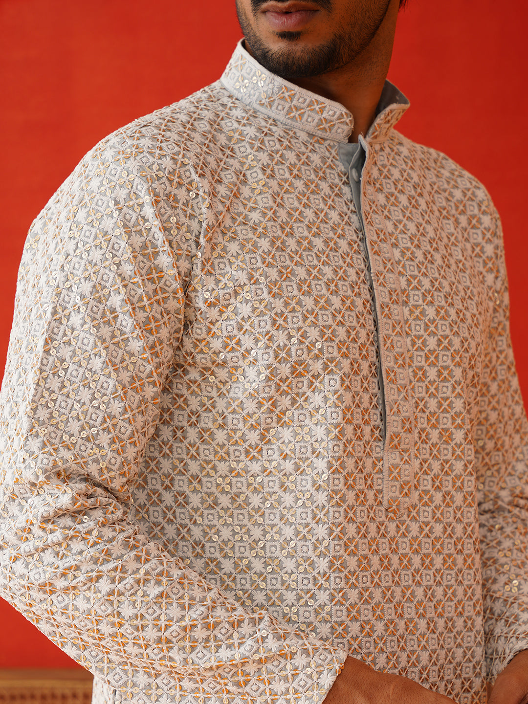 Sequins & Embroidered Kurta Pyjama Set For Men ( JJOKP P 5128Grey )