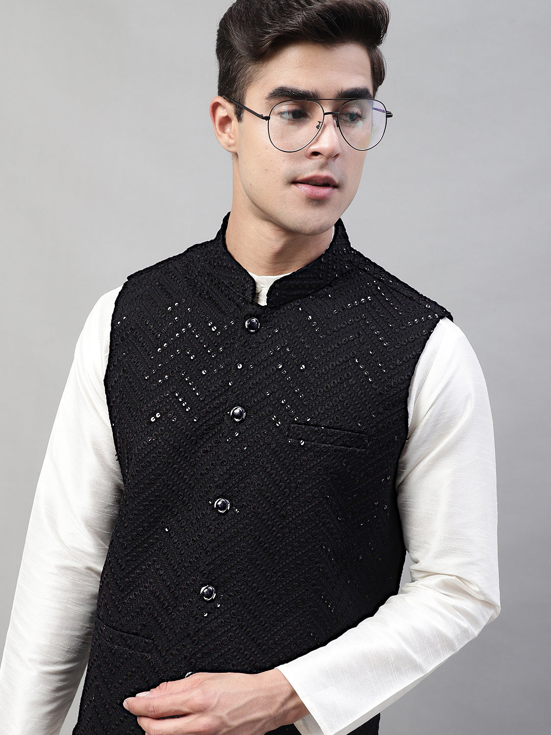 Men Sequins Embroidered Rayon Nehru Jacket